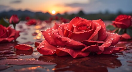 Red rose petals with dewdrops at dusk