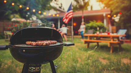 Backyard barbecue with sausages on grill, group of people, 4th of July, American flag, summer evening vibes, outdoor dining, festive atmosphere. Copy space.