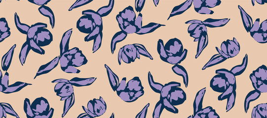Simple monochrome  seamless pattern with flowers silhouette.