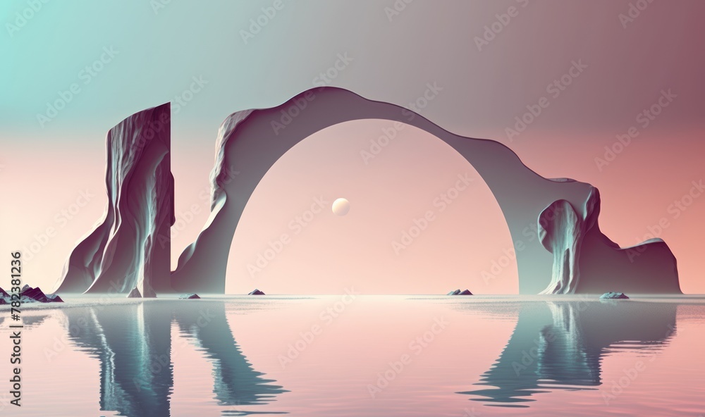 Poster surreal nordic seascape with mirrored arch and tranquil waters generative ai