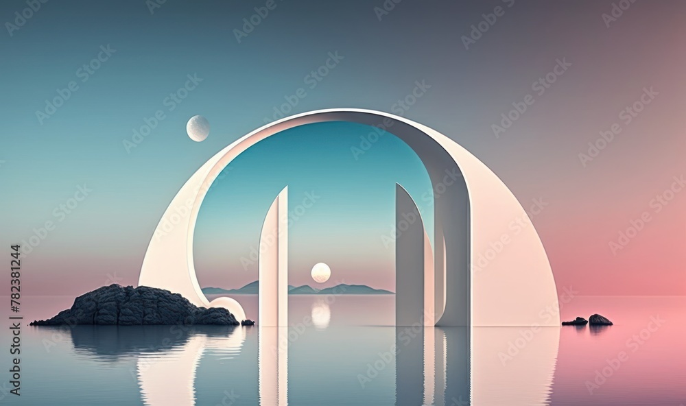 Poster serene nordic surreal seascape with mirrored arch generative ai
