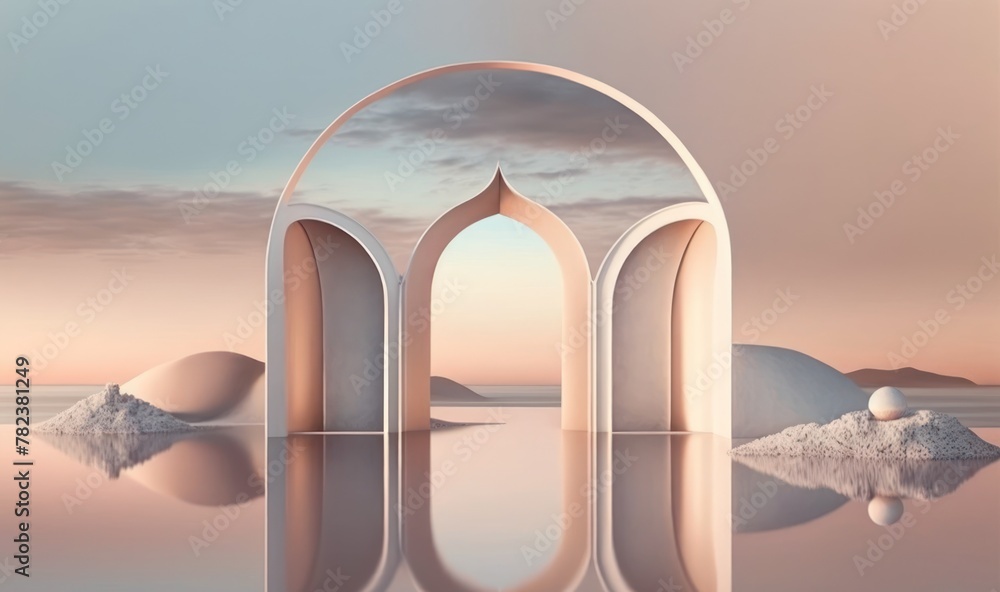 Poster serene nordic surreal seascape with mirrored arch generative ai