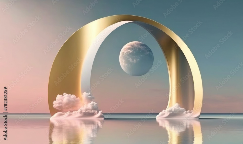 Poster serene nordic landscape with mirrored arch and calm waters generative ai