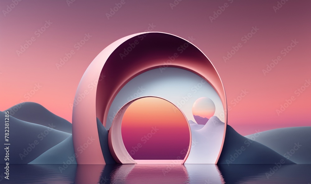 Poster serene nordic seascape with mirrored arch generative ai