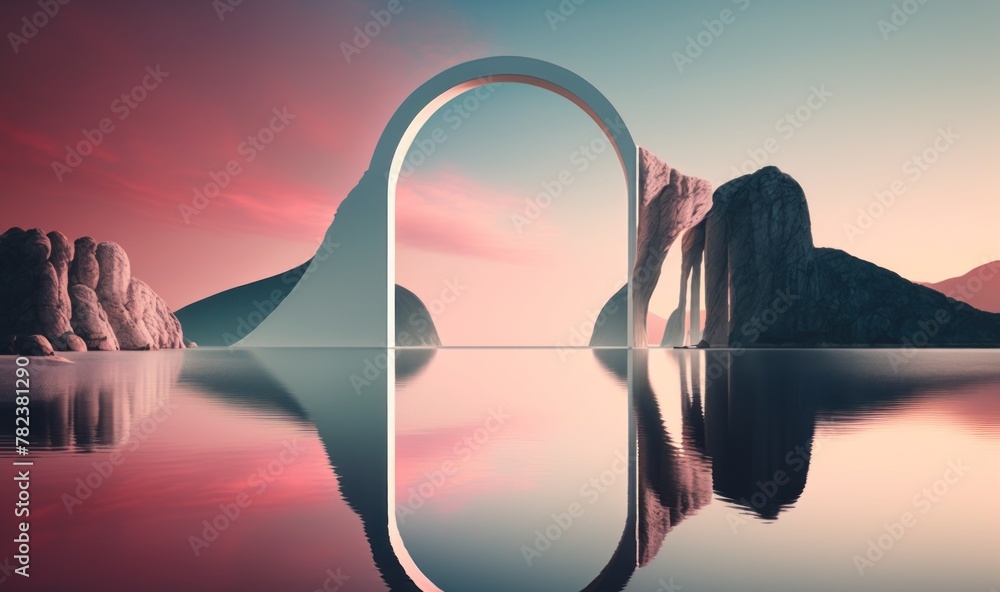 Poster serene nordic seascape with surreal arch reflection generative ai