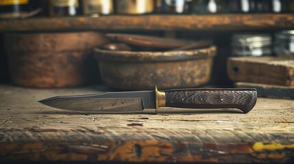 An expertly crafted knife with a wooden handle rests on a well-worn woodworking bench, surrounded by the rich patina of a craftsman's workshop. - obrazy, fototapety, plakaty