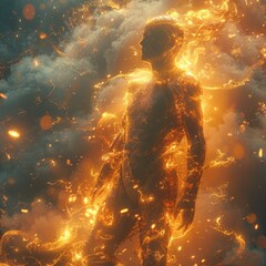 Fiery human silhouette with dynamic flames and sparks on dark, smoky background, concept of energy and power.