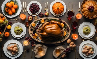 A festive Thanksgiving dinner table with a candlelit ambiance, showcasing a roasted turkey on plate, tableware set, apples, oranges, and grapes, autumn background