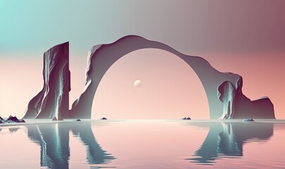 Surreal Nordic Seascape with Mirrored Arch and Tranquil Waters Generative AI