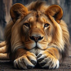 Fototapeta premium Majestic Lion Resting Amidst Nature, Capturing the Essence of Wild Beauty and Power