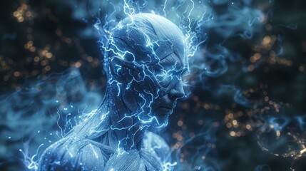 Blue digital human profile with electricity effects, futuristic cyborg concept, artificial intelligence, virtual reality background. Copy space.