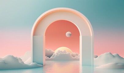 Serene Nordic Landscape with Mirrored Arch and Calm Waters Generative AI