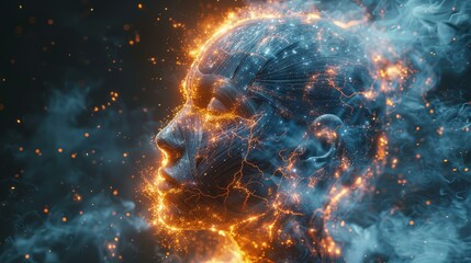 Digital human head with glowing neural network, blue and orange particles, concept of artificial intelligence. Copy space.