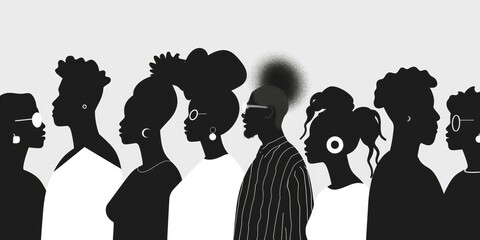 Silhouettes of diverse African men and women in profile, monochrome, illustration, social diversity concept. Copy space. - obrazy, fototapety, plakaty