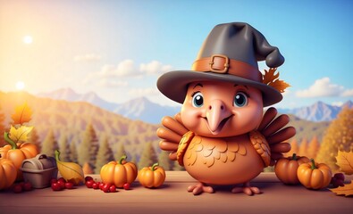 A 3D rendering of a turkey in a pilgrim hat against a Thanksgiving-themed landscape background, wooden table with autumn leaves, pumpkins and berries