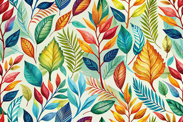A variety of colorful leaves in different shapes and sizes are depicted in a watercolor style, creating a vibrant and playful botanical pattern