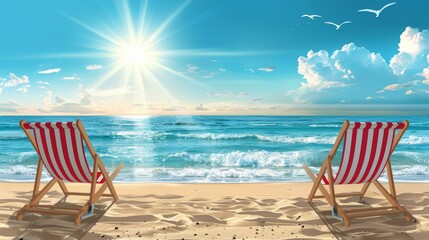 Two red and white striped deck chairs on sunny beach with blue ocean, clear sky, and sun rays. Summer vacation and relax. Copy space.