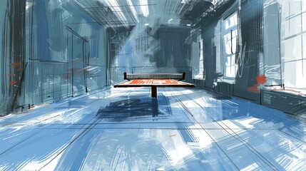 Blue and orange industrial loft space with large windows and ping pong table, urban modern interior illustration. Copy space. - obrazy, fototapety, plakaty