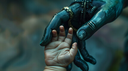 Shiva God holding the hand of a baby - obrazy, fototapety, plakaty