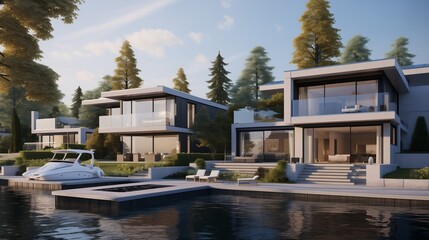 A sleek waterfront home with ivory-toned siding, its modern design harmonizing with the tranquil surroundings, offering a serene retreat from the bustling city life. - - obrazy, fototapety, plakaty