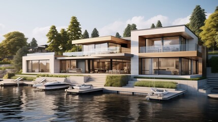A sleek waterfront home with ivory-toned siding, its modern design harmonizing with the tranquil surroundings, offering a serene retreat from the bustling city life. - - obrazy, fototapety, plakaty
