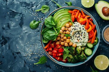 Healthy Buddha bowl with chickpea avocado quinoa and vegetables on blue background Top view Vegan salad