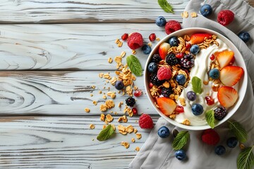 Healthy breakfast with fruit salad yogurt and cereal on wooden background