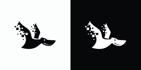Vector logo design illustration of a pelican bird silhouette with pixel effect modern, simple, clean and abstract style. - obrazy, fototapety, plakaty