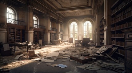 Fototapeta na wymiar Abandoned Ornate Library with Scattered Books Generative AI