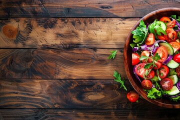 Healthy salad on wooden table top view with space for text