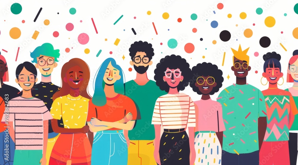 Poster a colorful illustration of people standing next to each other, smiling and looking at the camera the