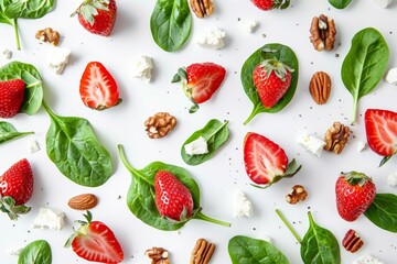 Healthy salad with spinach strawberries nuts and feta on white background