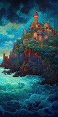 Vibrant Neo-Impressionist Coastal Landscape Painting Generative AI - obrazy, fototapety, plakaty