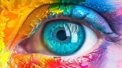 Closeup view of artistic painting on the skin around the beautiful eye of a woman - obrazy, fototapety, plakaty