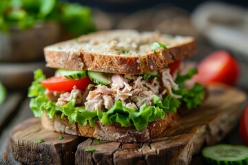 Healthy tuna sandwich on wooden background