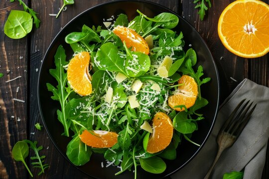 High angle view of a fresh green salad with orange slices and Parmesan cheese on a vintage wooden background