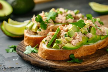 Homemade healthy sandwich with tuna avocado