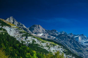 Picturesque landscape of the Pyrenees Mountains with glacier in summer, France