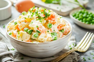 Homemade vegetarian Russian salad with potato carrots peas egg and mayonnaise dressing served in a bowl with a fork