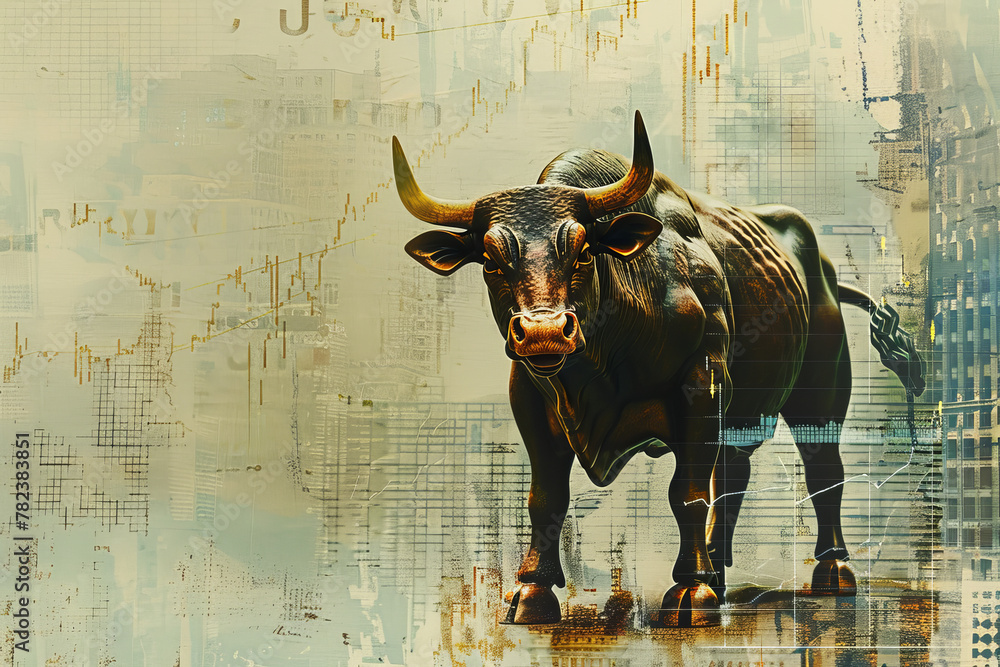 Poster a bull is standing in front of a wall with a lot of lines and shapes. the bull is looking at the cam