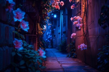 In a hidden alley, flowers emit a magical glow at night, their luminous beauty a stark, enchanting anomaly against the dark, forgotten surroundings.