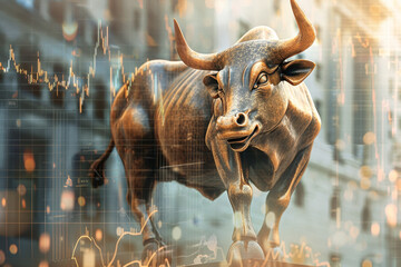 A bull statue is shown with a bull's head and horns. The bull is surrounded by a blurry background with a city skyline in the background. The bull statue is located in a city - obrazy, fototapety, plakaty