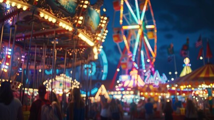 The lively carnival scene, bright lights and vivid colors create a blur of excitement, with the silhouettes of joyful visitors wandering among the rides and attractions at dusk.