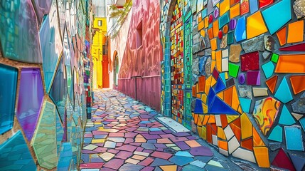 An urban alley comes alive with a vibrant mosaic of colors and shapes, turning the ordinary into a mesmerizing spectacle.