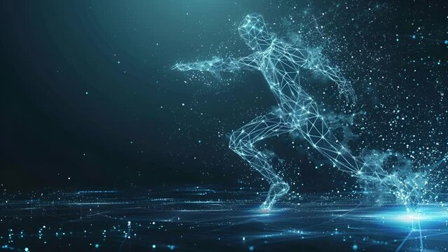 Illustration of man with dispersion effect, ball kicking pose; is perfect for background projects sport, gym, health, 4k virtual video animation.