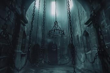 A dark, empty room with chains hanging from the ceiling. The room is dimly lit, giving it a creepy and ominous atmosphere - obrazy, fototapety, plakaty