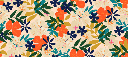 Simple minimalistic summer tropical floral seamless pattern - obrazy, fototapety, plakaty