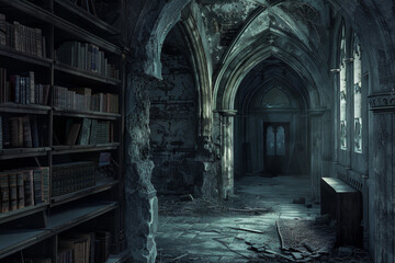 A dark, abandoned room with a large bookcase filled with books. The room is empty and the atmosphere is eerie