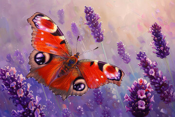 A red and purple butterfly is flying through a field of purple flowers. Scene is peaceful and serene, as the butterfly flutters through the flowers, seemingly enjoying the beauty of its surroundings - obrazy, fototapety, plakaty