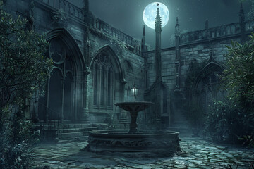 A dark, eerie courtyard with a large moon in the sky. The courtyard is surrounded by old, crumbling buildings and has a fountain in the center. The atmosphere is mysterious and ominous - obrazy, fototapety, plakaty